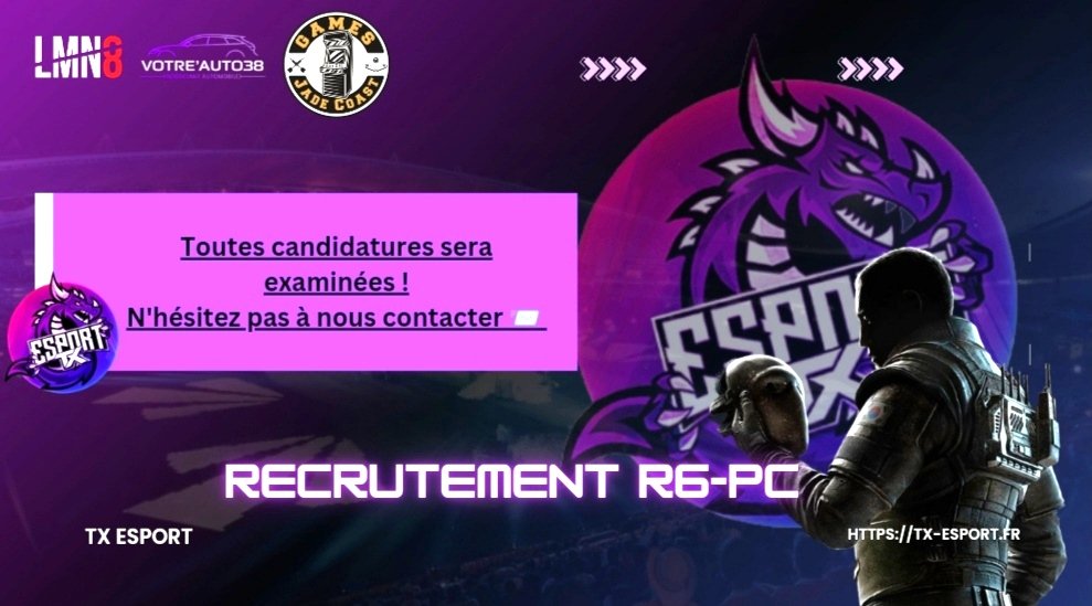 La TX E-sport ⚫🟣 est toujours en recherche active d'un manager et d'un HB sachant droner pour son Entry🫡pour son pôle R6, Roster YONKO🔥

Majeur de préférence et avec de l'expérience et de l'envie ! 
A vos candidatures 📨, n'hésitez pas! 

#TXEsport #recrutement #R6S #eSports