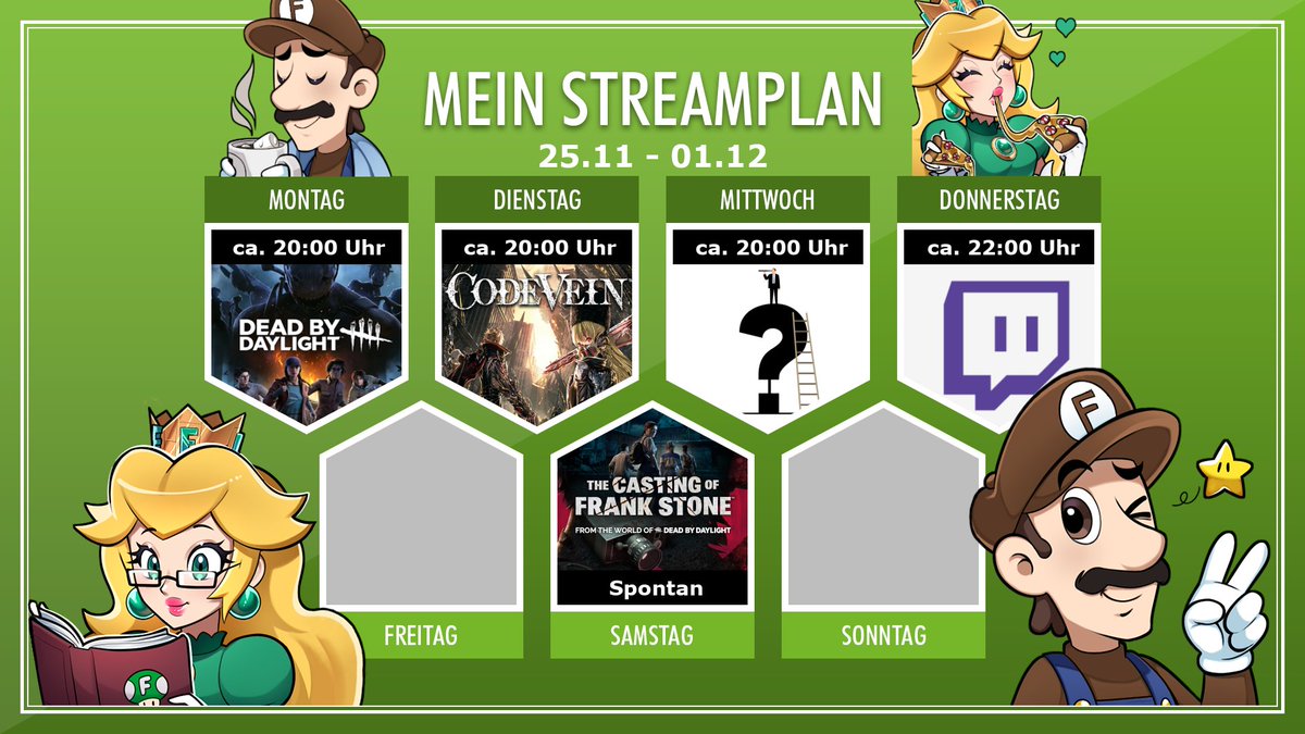 Nicraa9's tweet photo. Montag - Ca. 21:00 Uhr: DBD

Dienstag - Ca. 20:00 Uhr: Code Vein

Mittwoch - Ca. 20:00 Uhr: ???

Donnerstag - Ca. 22:00 Uhr: React 

Samstag - Spontan Uhr: The Casting of Frank Stone https://t.co/JiwSUduNng