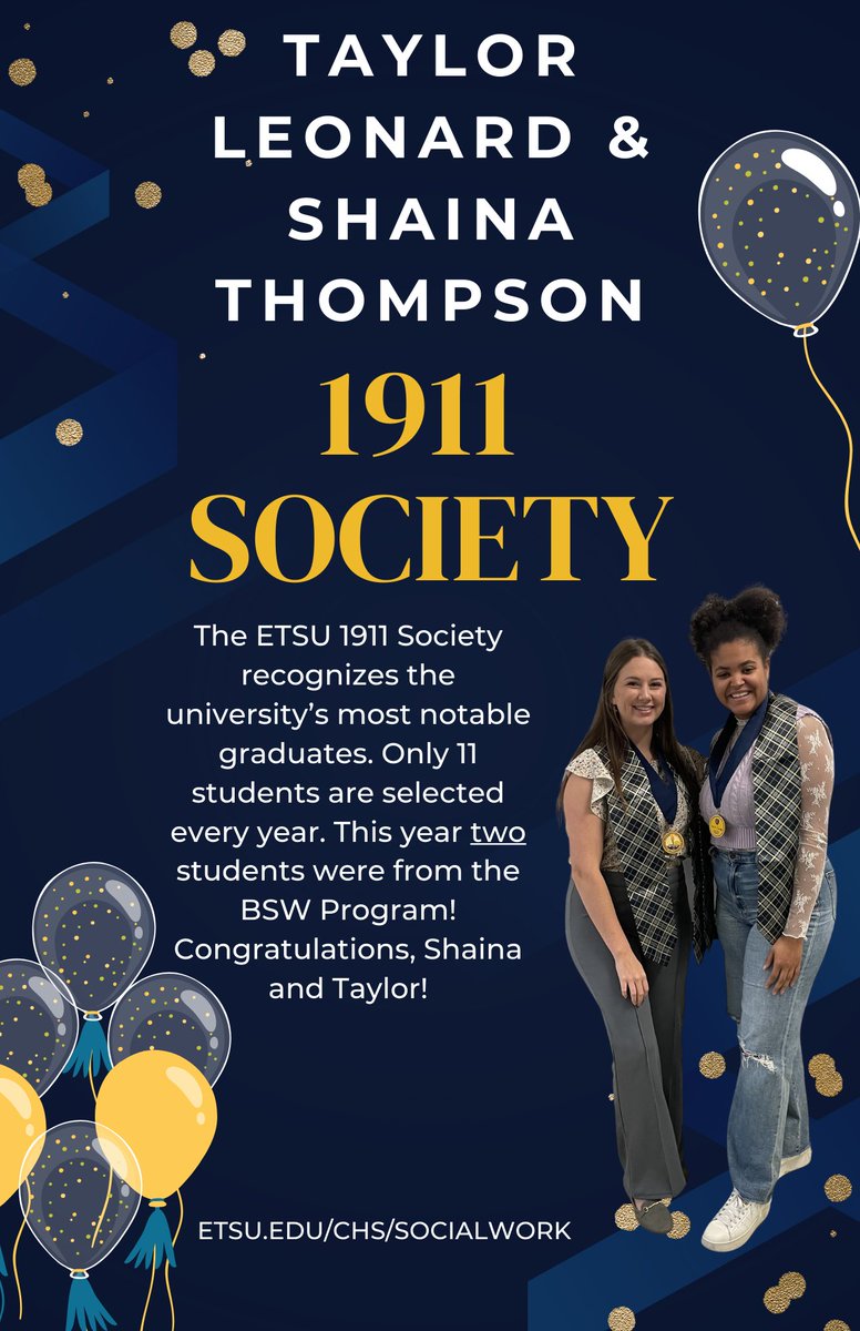 ETSUCCRHS's tweet photo. 📷 Congratulations to Taylor Leonard and Shaina Thompson! 📷
We are thrilled to celebrate Taylor Leonard and Shaina Thompson, outstanding students in our Bachelor of Social Work (BSW) Program, on their induction into the prestigious ETSU 1911 Society! https://t.co/RzjeHIF5nA