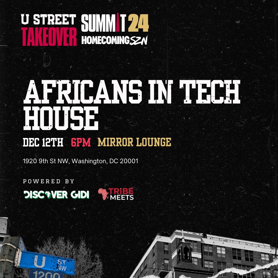 TribeMeets's tweet image. Join us as we takeover U Street December 12th for the Africans in Tech Mixer w/ @discovergidi for @techsgiving.

Tickets are FREE!! You won’t want to miss this!! 
ow.ly/R1BM50UffSi

#TribeMeets #DiscoverGidi #AfricansInTech#DCEvents #BlackInTech #TechJobsDC #DMVTech #STEM