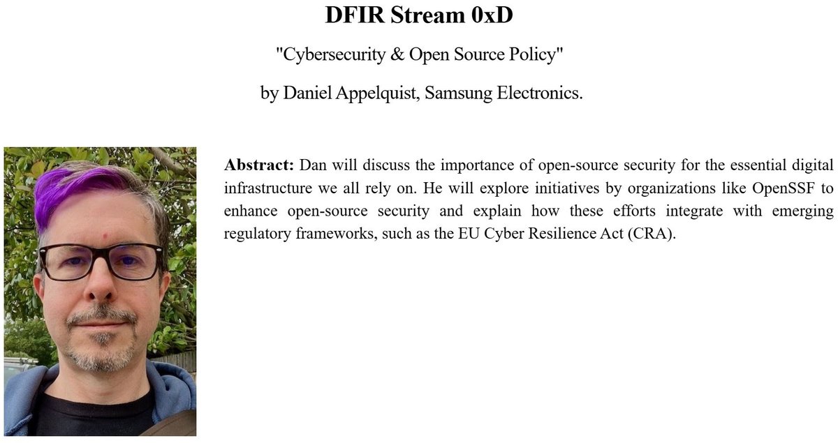 acfti's tweet photo. Announcing New #DFIR Stream

"DFIR Stream 0xD" on Thursday, December 12, 3:30 pm (GMT) UK Time  by Daniel Appelquist

Register@ https://t.co/ZcNCacnrzo

Call for speakers is currently open @ https://t.co/jx50kPcMvP

Join&amp;stay tuned! #CyberSecurity #OpenSource #SupplyChainSecurity https://t.co/40jgfQUujk