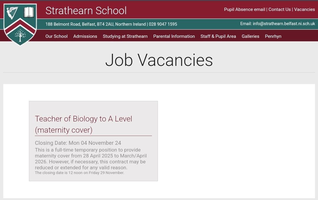 Popping back on here to share this, if anyone is still seeing my posts!
Please retweet if you've anyone in your circle that might be interested in a biology teaching post in Belfast.
Closing date this Friday (not Mon 4th). strathearn.org.uk/vacancies/
