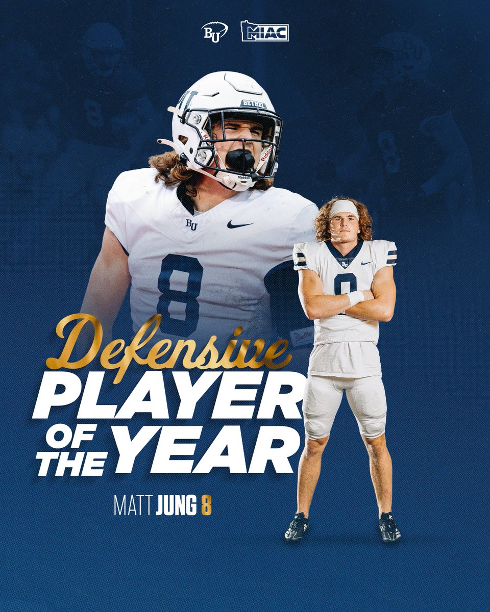 𝑫𝒆𝒇𝒆𝒏𝒔𝒊𝒗𝒆 𝑷𝒍𝒂𝒚𝒆𝒓 𝒐𝒇 𝒕𝒉𝒆 𝒀𝒆𝒂𝒓

Sophomore DB Matt Jung was named Defensive Player of the Year by the MIAC! Jung led the Nation in interceptions and is the first Bethel player to win this award!
