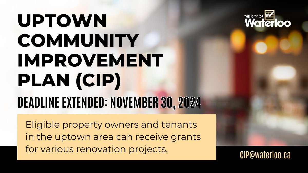 City of Waterloo Economic Development (@citywatecdev) on Twitter photo Eligible property owners and tenants in <a href="/uptownwaterloo/">Uptown Waterloo</a> can apply for grants to support renovation projects as part of the Uptown Community Improvement Plan (CIP).
📅 Apply by: Nov. 30, 2024
Enhance your property and contribute to the vibrancy of uptown! bit.ly/2IFyUfv Eligible property owners and tenants in <a href="/uptownwaterloo/">Uptown Waterloo</a> can apply for grants to support renovation projects as part of the Uptown Community Improvement Plan (CIP).
📅 Apply by: Nov. 30, 2024
Enhance your property and contribute to the vibrancy of uptown! bit.ly/2IFyUfv
