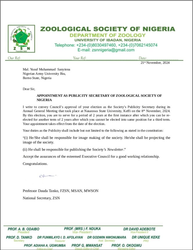 YMSanyinna's tweet photo. 💚 Felicitations! 💚

I feel highly delighted to be officially appointed as National Publicity Secretary of Zoological Society of Nigeria (ZSN) with effect from 08th November, 2023.

Join me in congratulations! 🎉 https://t.co/GriadVhWR6
