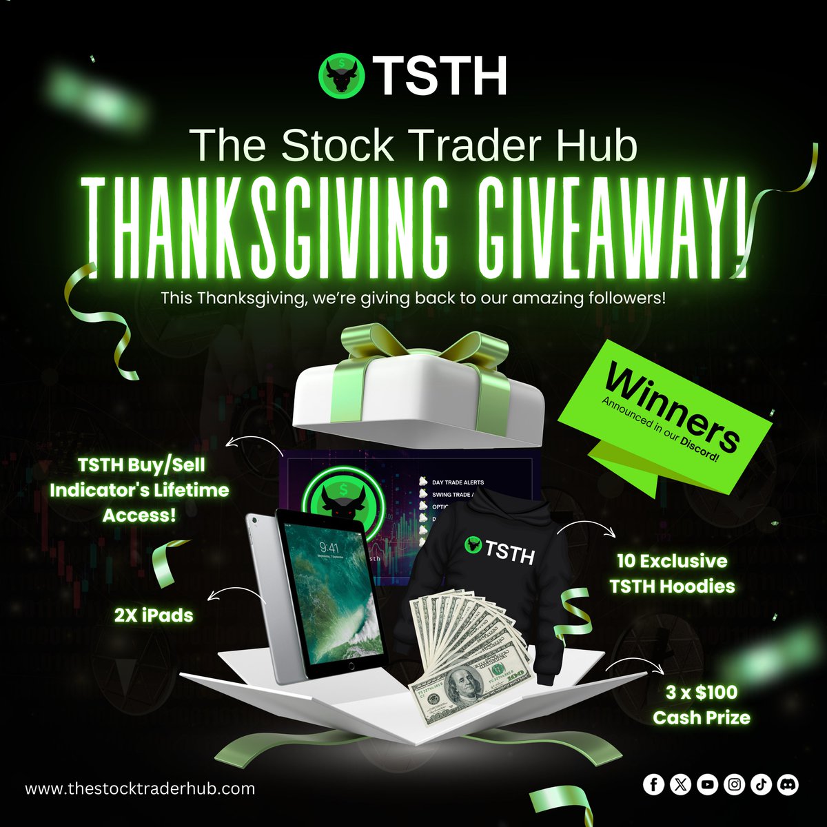 🚨 TSTH THANKSGIVING GIVEAWAY! 🚨

🎁 Prizes :

2 x iPads with Lifetime access to TSTH Buy/Sell Indicator

10 x Exclusive TSTH Hoodies

3 x $100 Cash

TO ENTER :
1️⃣ Like &amp; Retweet this post
2️⃣ Follow : <a href="/StockTraderHub/">The Stock Trader Hub</a> <a href="/RockyTSTH/">Rocky - The Stock Trader Hub</a> @TSTHZee 👈🏻
3️⃣ Follow us on Instagram :