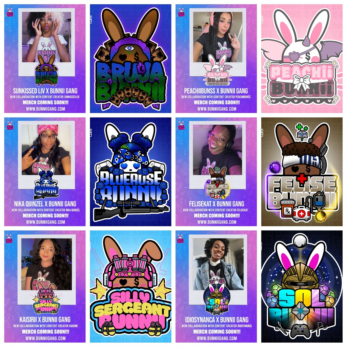 bunniigang's tweet photo. CHECK OUT THE NEWEST #BUNNIIGANG COLLABS WITH SOME OF THE DOPEST CONTENT CREATORS REPPIN' THA GANG!!! 
@Sunkissed_Liv 
@Peachiibunss 
@nika_quinzel 
@FeliseKat 
@Kaisiriiz 
@IdiosynAnca
MERCH COMING SOON!!!
#HOPWITUS 🤘🏾🐰 https://t.co/rNVZf8Lhh7