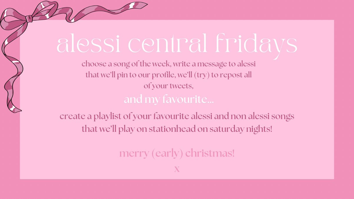 alessicentral's tweet photo. this has been in the works since october and it’s finally time to share!!

til christmas, we’ll be doing (what we call) alessi central fridays! details are in the poster below, if interested please fill out this google form!

https://t.co/wN2oe36XbZ… https://t.co/KzuIAXu6FH