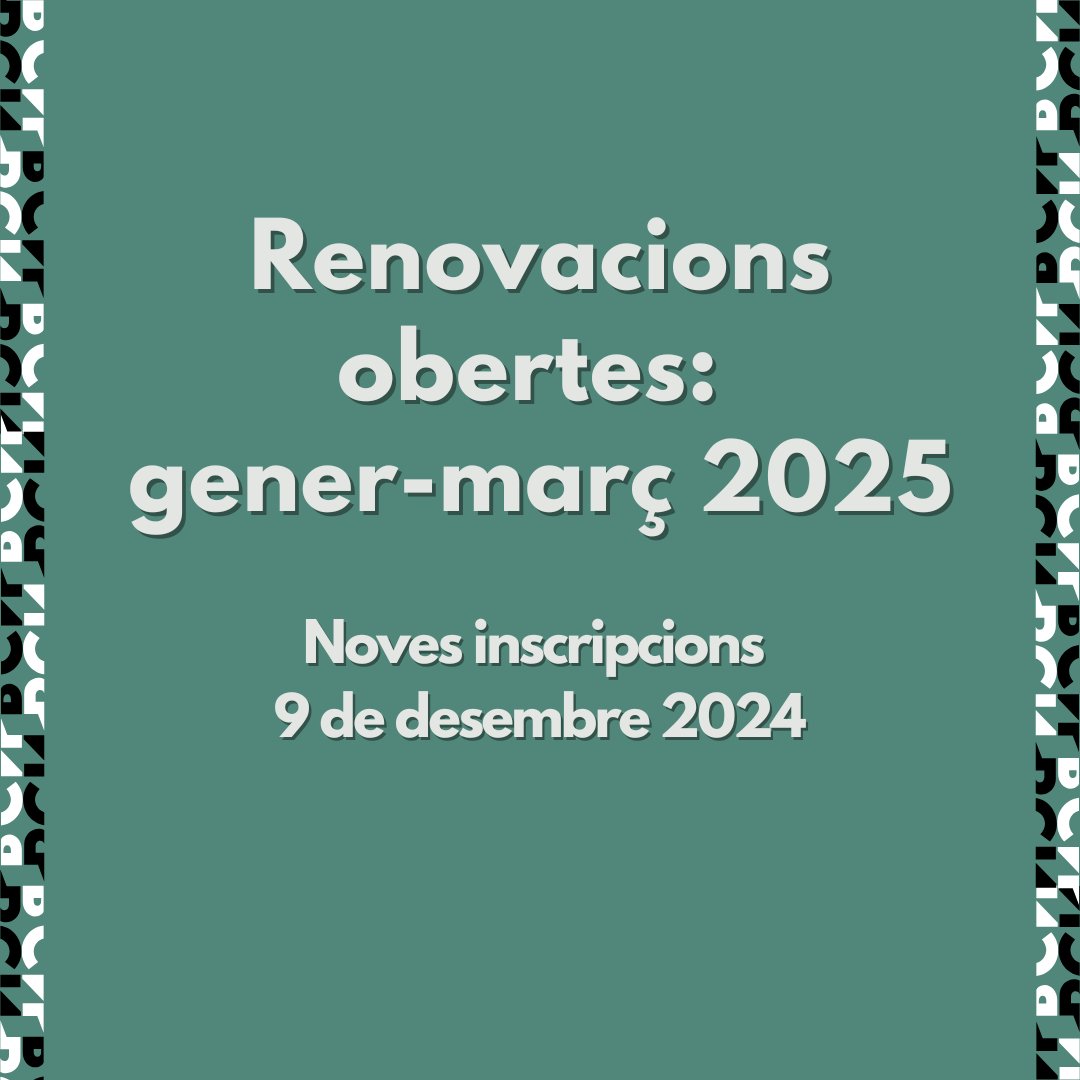 Us volem fer record que les renovacions estaran obertes fins al dia 8 de desembre. A partir del dia 9 inclòs, les places quedaran obertes a noves inscripcions. <a href="/CcivicsBCN/">Centres Cívics BCN</a> <a href="/BCN_LesCorts/">Les Corts</a>