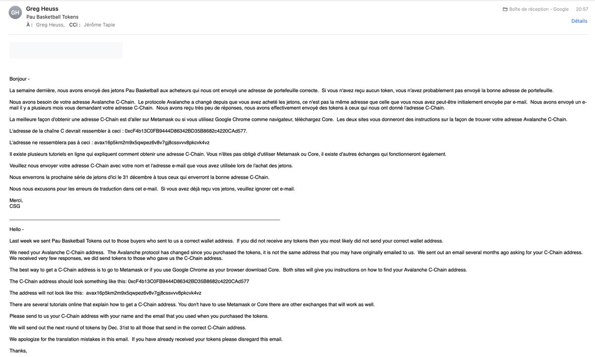 Mail reçu à l'instant de <a href="/grheuss/">Greg Heuss</a> concernant les fameux tokens de <a href="/EBPLO/">EBPLO</a> 
Je vous fais un tuto technique demain, et puis nous verrons ce qui nous sera délivré d'ici le 31/12 prochain ...
cc <a href="/JeanFauret/">Jean Fauret</a> <a href="/LaRepDpyrenees/">La Rép des Pyrénées</a>