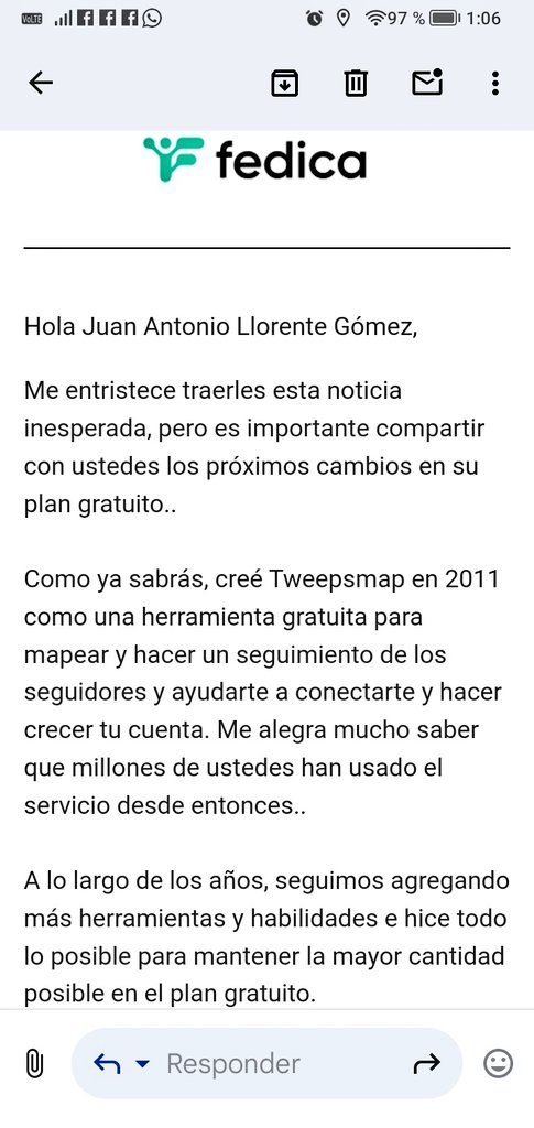 Juan_A_Llorente's tweet image. La aplicación de seguimiento de crecimiento de #RedesSociales de @FedicaHQ me envió un mensaje por correo electrónico, dónde me anuncian que ya no podrá  seguir ofreciendo el servicio gratuito de análisis de cuenta de 𝕏 (tal como hacía con #Tweepsmap desde 2011).