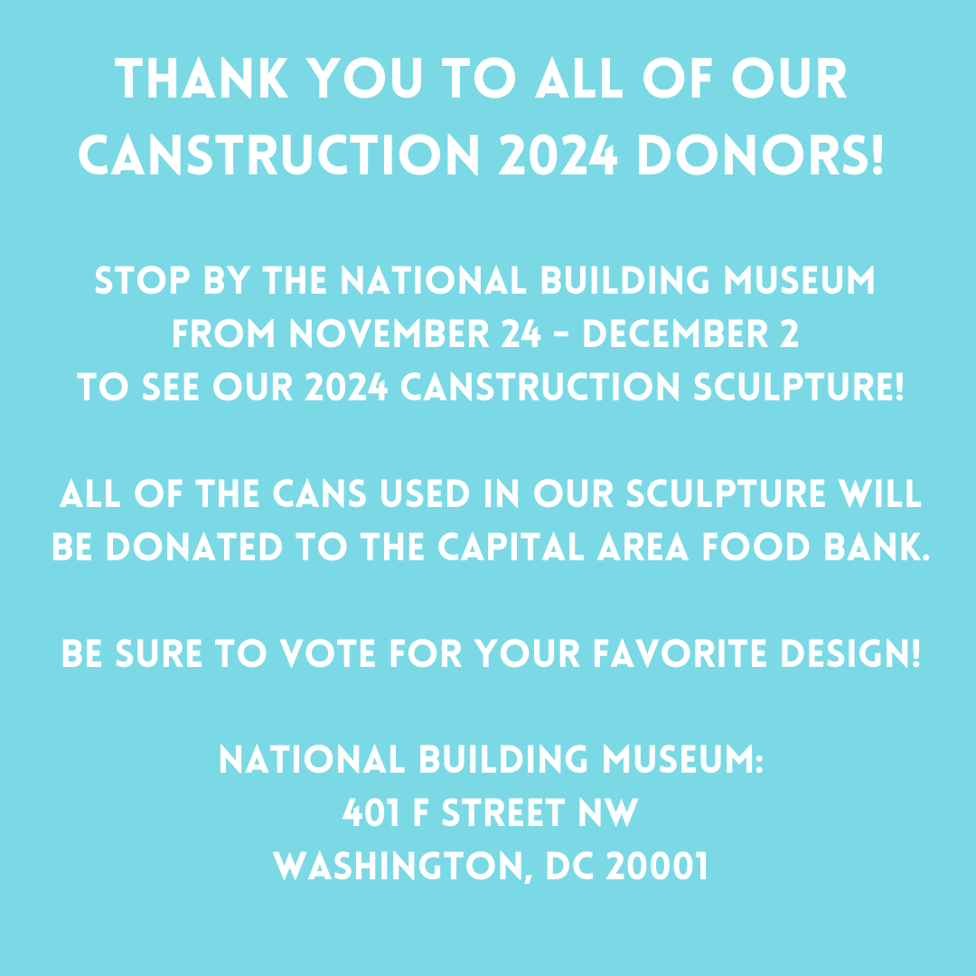 TcaArchitects's tweet photo. Thank you to all of our donors that helped us reach our CANstruction donation goals! Please stop by to see our sculpture, and vote for your favorite design, at the National Building Museum from November 24-December 2. All canned food will be donated to the Capital Area Food Bank. https://t.co/fsiKn2McB6