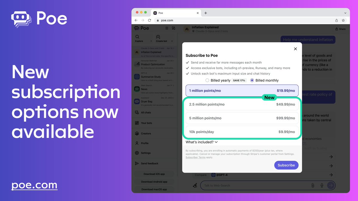 Today we’re introducing new subscription options to expand access to Poe, including a low-cost plan and higher point options. These plans provide access to all premium bots from OpenAI, Anthropic, Google, xAI, Runway, Ideogram, and many other providers. (1/7)