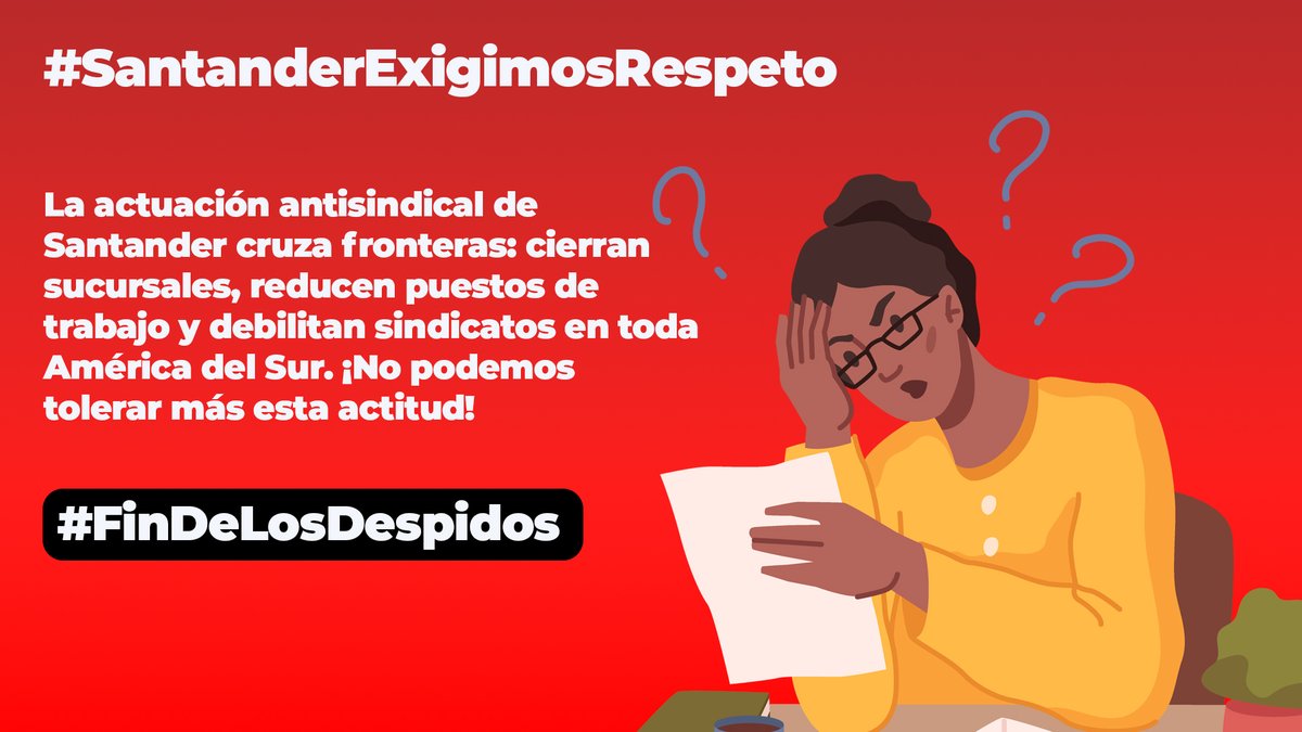 uniamericas's tweet photo. ⚠️Hoy el movimiento sindical dice bien claro #SantanderExigimosRespeto

@santander_es está aplicando una política de cierre de sucursales y reducción de puestos de trabajo en toda América del Sur, atacando los derechos de lxs trabajadorxs. ¡No lo aceptaremos! ✊
@AnaBotin https://t.co/cv3oCEQ8NI