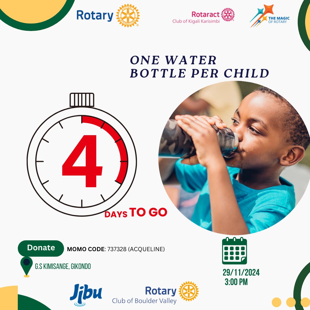 Rotaract Kigali Karisimbi (@rctkkarisimbi) on Twitter photo The countdown begins! 4 days left to make a difference. Donate or join us at G.S Kimisange! 💙 #TogetherForImpact
<a href="/jiburwanda/">Jibu Rwanda</a> <a href="/BoulderRotary/">BoulderRotary</a> <a href="/JeanEric01/">J. Eric Niyitanga</a> <a href="/Accy1017/">Accy_1017</a> <a href="/IssaHavugimana/">H.Issa</a> <a href="/REMA_Rwanda/">Rwanda Environment Management Authority</a> The countdown begins! 4 days left to make a difference. Donate or join us at G.S Kimisange! 💙 #TogetherForImpact
<a href="/jiburwanda/">Jibu Rwanda</a> <a href="/BoulderRotary/">BoulderRotary</a> <a href="/JeanEric01/">J. Eric Niyitanga</a> <a href="/Accy1017/">Accy_1017</a> <a href="/IssaHavugimana/">H.Issa</a> <a href="/REMA_Rwanda/">Rwanda Environment Management Authority</a>