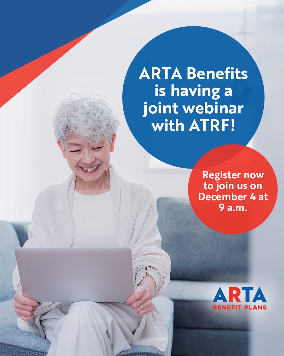 ARTABenefits's tweet photo. https://t.co/gI5JJhJzSq

On December 4 at 9:00 am, ARTA Benefits is proud to have a joint webinar with the @ATRFPension
Space is limited so register today

It's never too early to start looking ahead

#ARTABenefits #ABED #ATRF #RetirementPlanning #RetirementBenefits #Pension https://t.co/EejGI40Um2