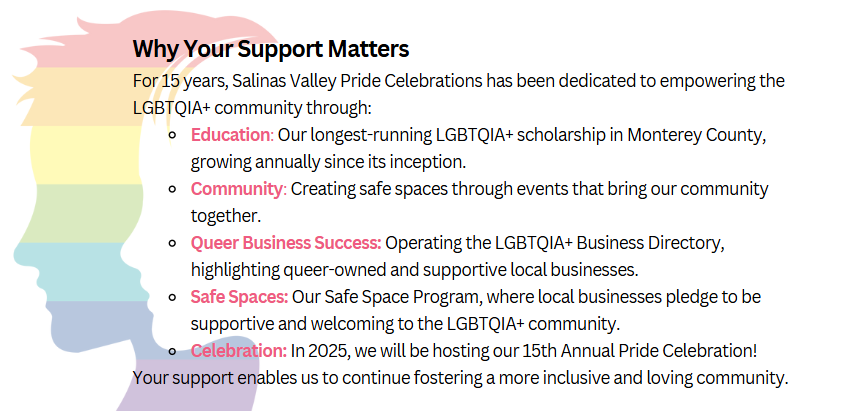 SalinasVPride's tweet photo. Please help us raise funds for our 15th year of creating safe spaces for the LGBTQIA+ community in the Salinas Valley and beyond!

Donate to our Monterey County Gives campaign at https://t.co/MBCJd5fhMh

#mcgives #SVPC #PRIDE #SalinasValley #MontereyCounty #LGBTQIA+ https://t.co/7FmAO1gjXE