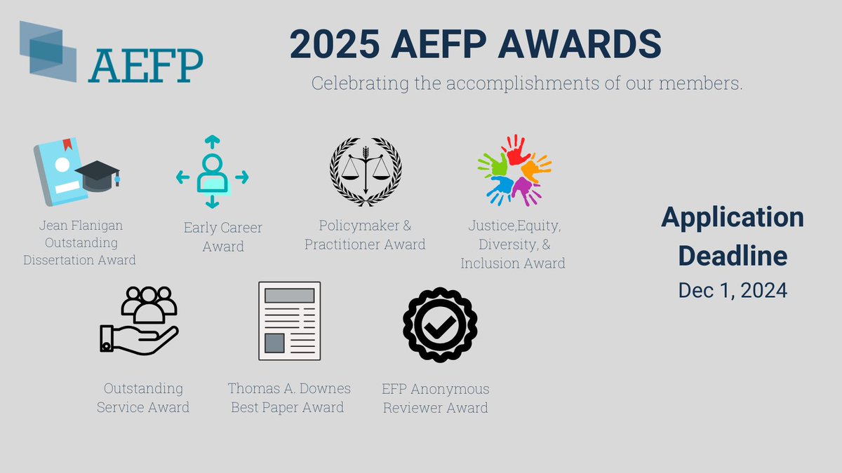 Applications for AEFP awards and pre-doctoral diversity fellows program are due on December 1st, 2024 by 11:59 pm PST ! Learn more and apply here: aefpweb.org/awards-grants