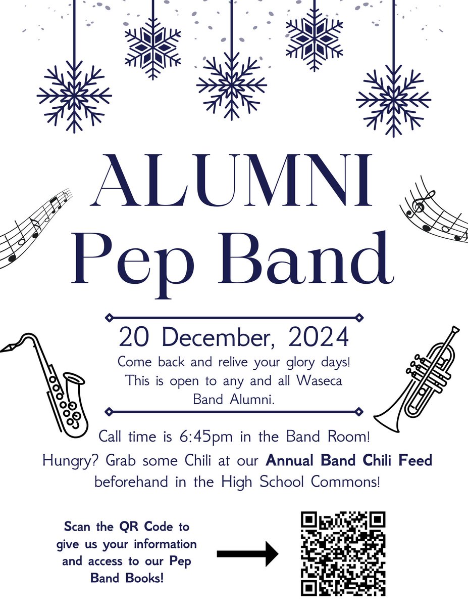 WasecaBands's tweet photo. Calling ALL Waseca Band ALUMNI! 👀‼️👀
We are excited to announce the date of our Annual Alumni Pep Band! It will be the evening of December 20th in the High School. Call time for the event will be 6:45pm in the Band Room. https://t.co/3iU7pHPH8S