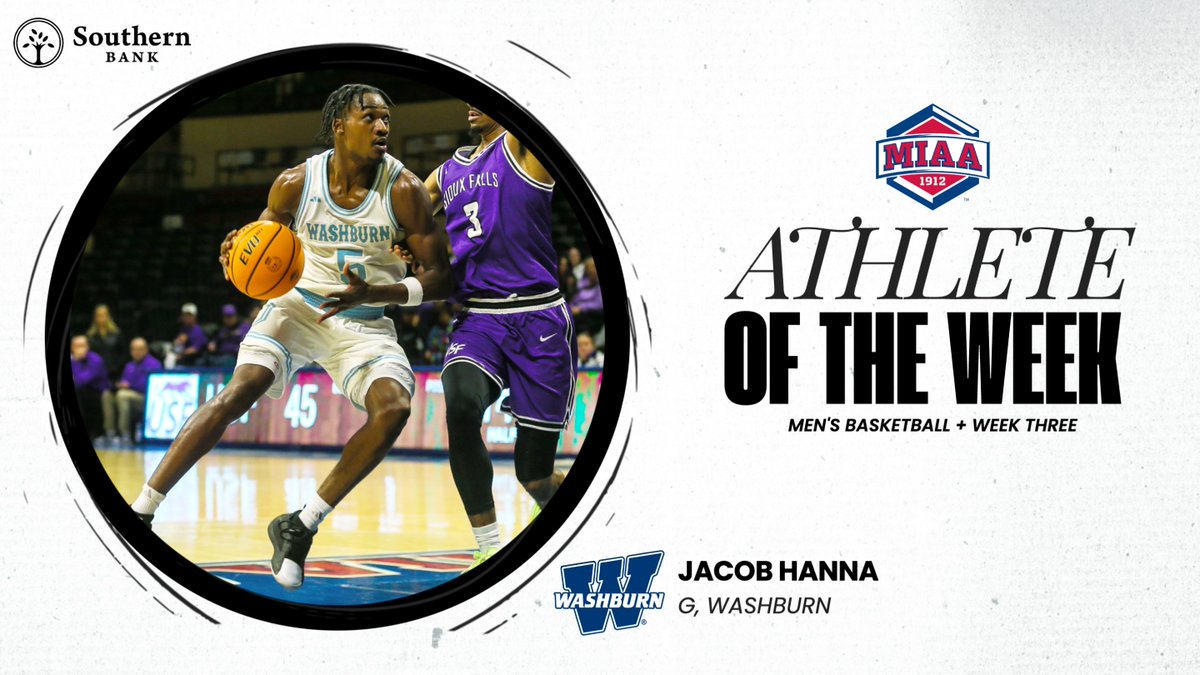 And Washburn's Jacob Hanna has been named our newest MIAA Men's Basketball 𝘼𝙏𝙃𝙇𝙀𝙏𝙀 𝙊𝙁 𝙏𝙃𝙀 𝙒𝙀𝙀𝙆 🏀⤵️

📰 tinyurl.com/dzajj68m
#BringYourAGame