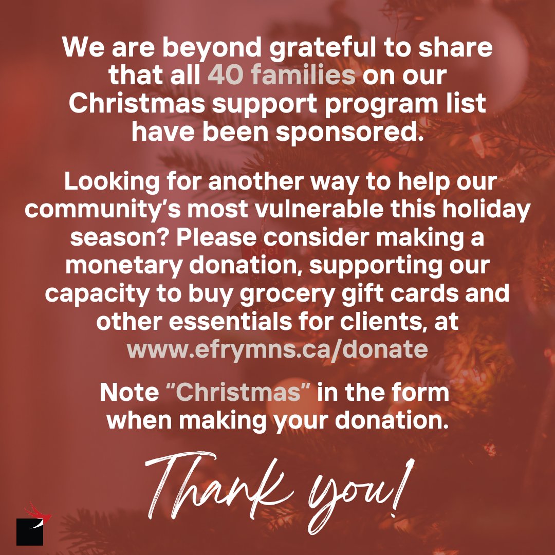 We are beyond grateful to share that all 40 families on our Christmas Support Program list have been sponsored! Thank you so much to all of our incredibly generous sponsors, everyone who shared the list on social media, and to <a href="/halifaxnoise/">halifaxnoise</a> for promoting posts from both our