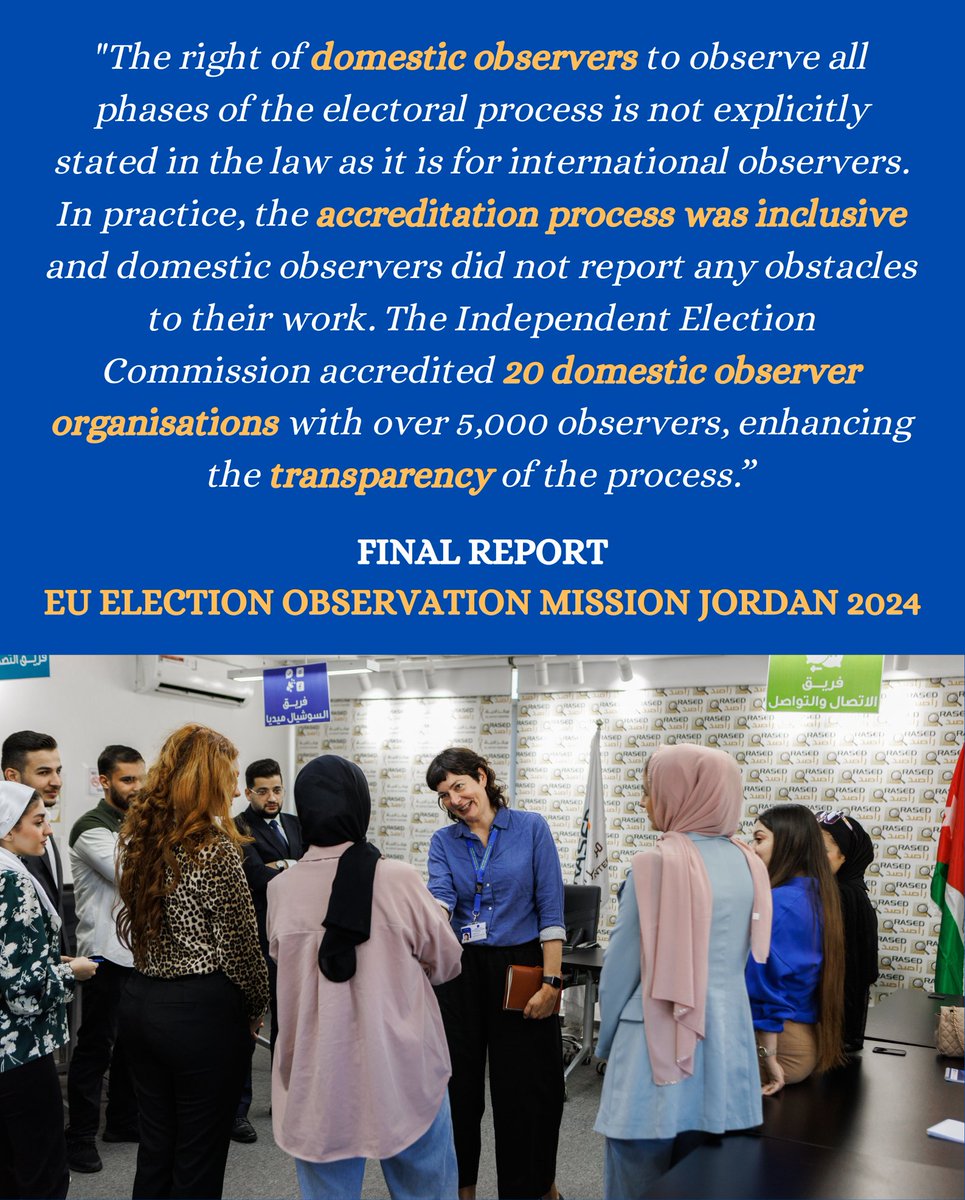 EUeomJordan2024's tweet photo. Our report recommends to incorporate into the Election Law the right for observers to unhindered access to the entire electoral process, including tabulation. This would be important for the future, although during last election observers did not report any obstacle to their work https://t.co/2EONV3dlpx