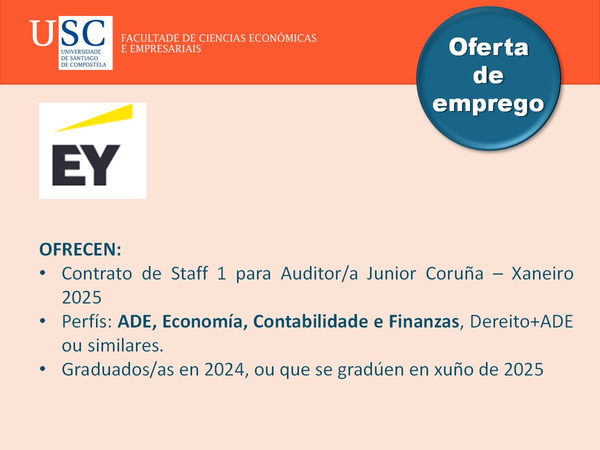Informámovos desta  oferta de emprego que nos chegou do equipo de Talent de EY, porque teñen  aberto o proceso de Auditor/a Junior da Coruña Xaneiro 2025. Achegamos a  ligazón á oferta por se queredes inscribirvos:
eyglobal.yello.co/external/requi…