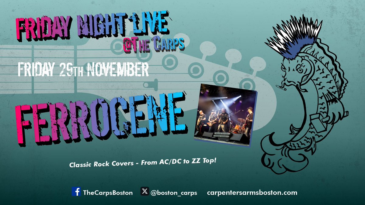 Friday Night Live, it's the mighty FERROCENE.  Be prepared to rock out to the very best tracks from Zep to ZZ and everything in between. 9pm #LincsConnect <a href="/batemansbrewery/">Batemans Brewery</a> <a href="/endeavourfm/">107 Endeavour FM</a> <a href="/bostontownfc/">Boston Town FC</a> <a href="/BostonRowingUK/">Boston Rowing Club</a> <a href="/VisitBostonUK/">Visit Boston</a> <a href="/FirstaidteamBos/">Boston First Aid Team</a> <a href="/BostonRFCUK/">Boston Rugby Club UK</a> <a href="/bostonlivemusic/">Boston Live Music</a>