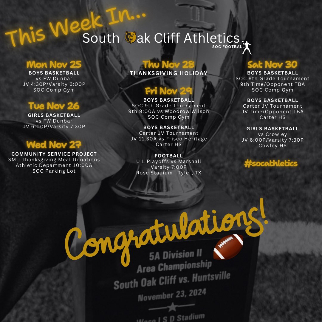 soc_athletics's tweet photo. WE WIN!!!
Pic for graphic courtesy of @coach_wheatfall
Schedule subject to changes.
#socbasketball🏀
#soccommunityservice💛
#socfootball🏈
#socathletics https://t.co/XtbhyXfdv6