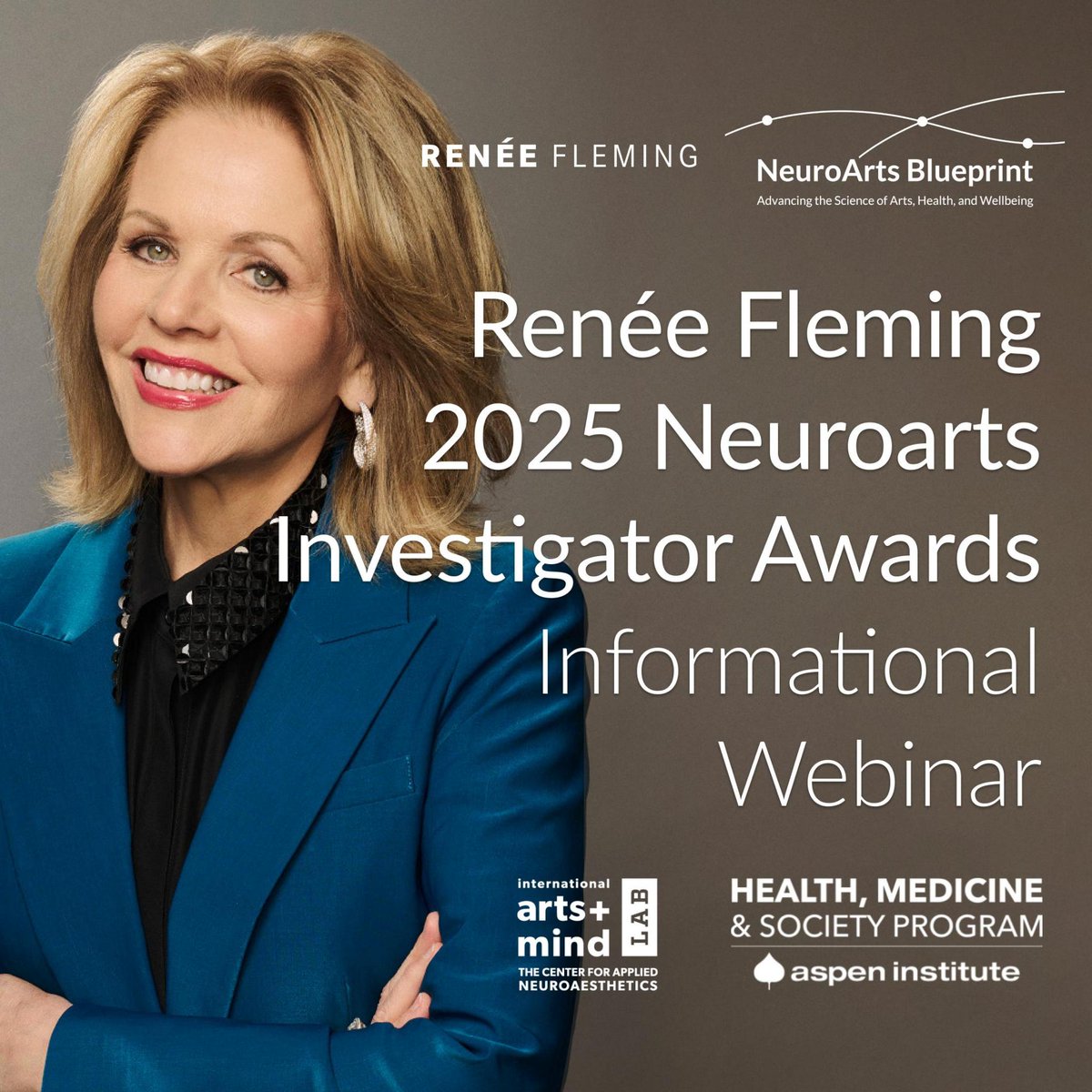 artsandmindlab's tweet photo. Are you a researcher or arts practitioner interested in the Renée Fleming Neuroarts Investigator Awards? 

The NeuroArts Blueprint Initiative invites you to join a webinar on Thursday, December 5, 12-12:45pm to learn about the program, including information about the application process and requirements.

Link to register: https://t.co/7CyFzxoKld

#neuroarts #Neuroaesthetics #artsandhealth
