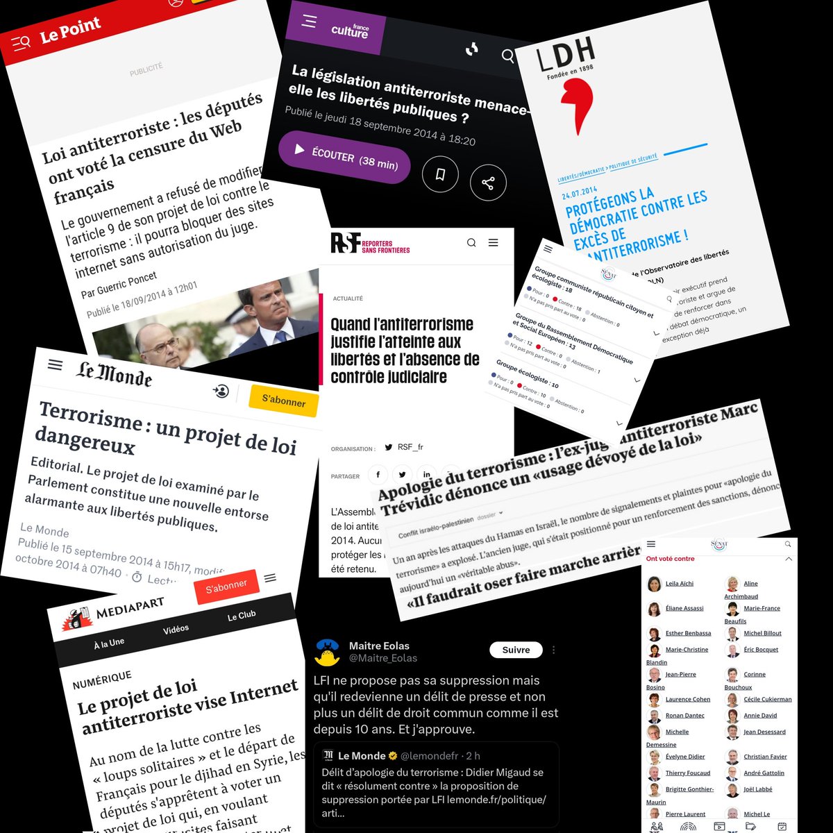 Weatherboy_fr's tweet image. LFI est présentée comme "seul" contre le délit d'apologie du terrorisme DANS LE CODE PÉNAL. 

Pourtant en 2014, tous, TOUS les sénateurs EELV et PCF votent contre cette loi. 

Le Monde, LePoint (!), Radio France, la LDH, RSF, etc. tous en dénonçaient les dangers. 

Déroulez⤵️ 
1/