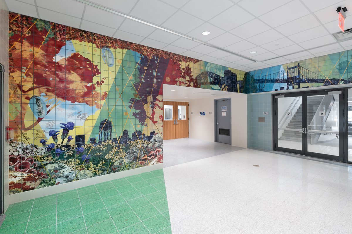 NYC_SCA's tweet photo. “From Equinox to Solstice” was created by Sarah G. Sharp (IG: @sarahgsharp) for the lobby of the new Judge Charles J. Vallone (P.S. 85) annex, which draws a metaphor with students who will thrive, grow and change over the course of their primary school years. 🐛🦋 #24in2024 https://t.co/Eg7M1cJuZb