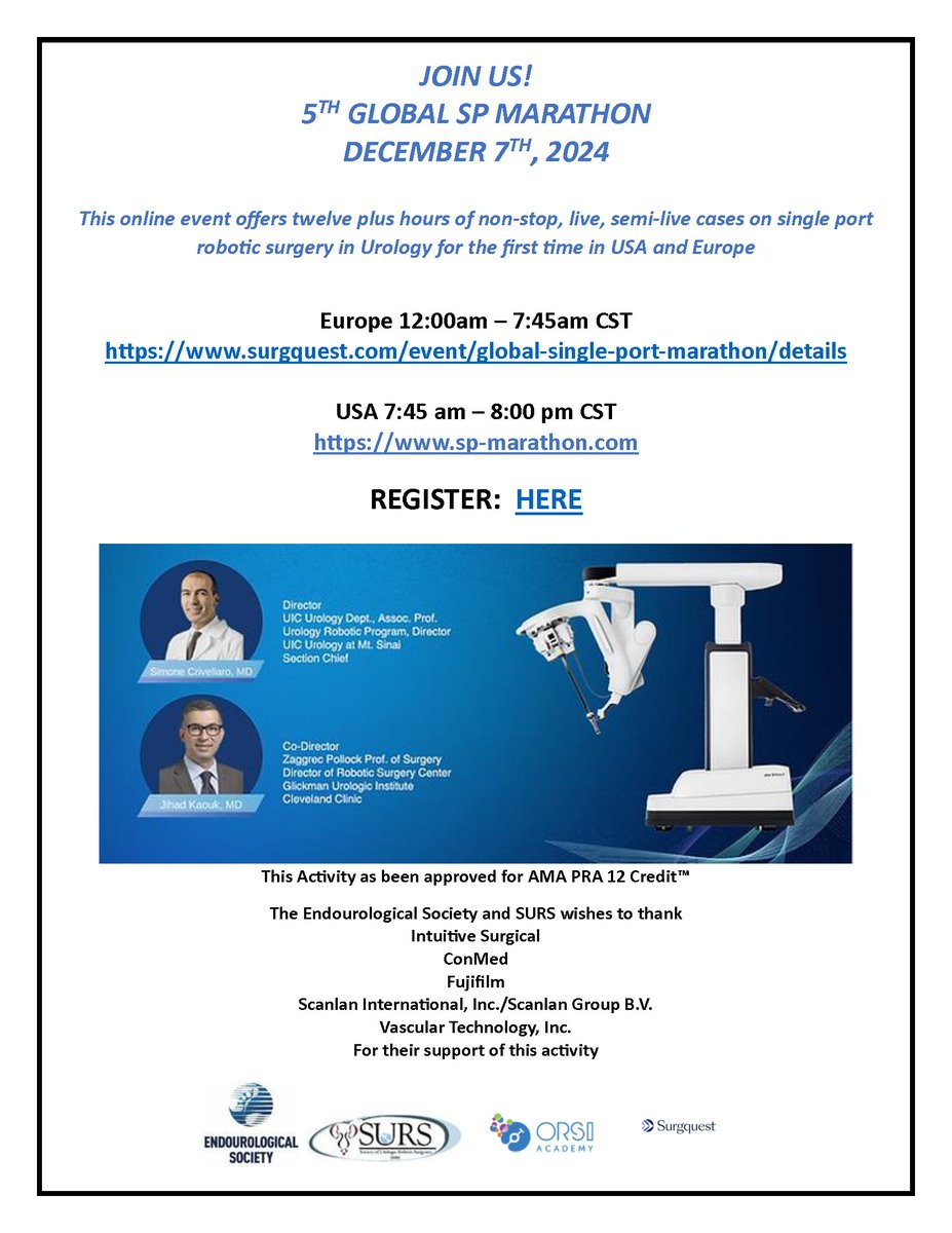 Endourological Society (@endo_society) on Twitter photo Register Now and Save the Date for the 5th Global SP Marathon, December 7th, 2024! 5th Global SP Marathon Registration | SP Robotics Marathon (sp-marathon.com) <a href="/SimoneCrivella2/">Simone Crivellaro</a> <a href="/drjkaouk/">Dr. J. Kaouk</a> Register Now and Save the Date for the 5th Global SP Marathon, December 7th, 2024! 5th Global SP Marathon Registration | SP Robotics Marathon (sp-marathon.com) <a href="/SimoneCrivella2/">Simone Crivellaro</a> <a href="/drjkaouk/">Dr. J. Kaouk</a>