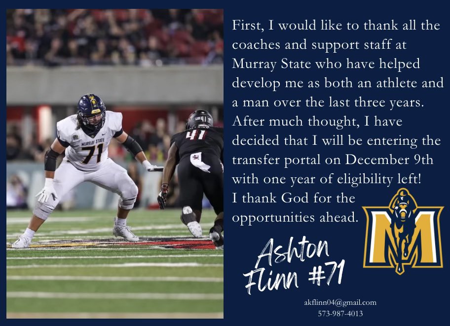 I will be entering my name into the transfer portal on December 9th! 

OL
6’4” 295lbs
3.8 Cumulative GPA
3 year starter 
Experience at Tackle, Guard, and Center
2022 Freshman All-American