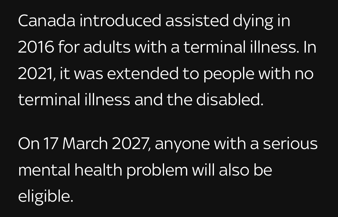 This is why we don’t want assisted dying in a country that won’t support us to live.
Canada started off with safeguards, too.

Now look. They saw a means to reduce the amount of people using welfare services. 

Read more here: news.sky.com/story/canadas-…