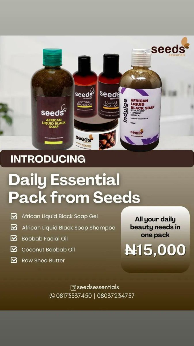 SeedsSheaButter's tweet photo. Looking for a daily regime that works and it's gentle your entire body - look no further than our DAILY ESSENTIAL PACK from Seeds Essentials... it contains all you need for your:
- body wash 
- body oil
- hair shampoo 
- hair and body butter 
- face oil 

You can't go wrong https://t.co/oJeYTqH5wE