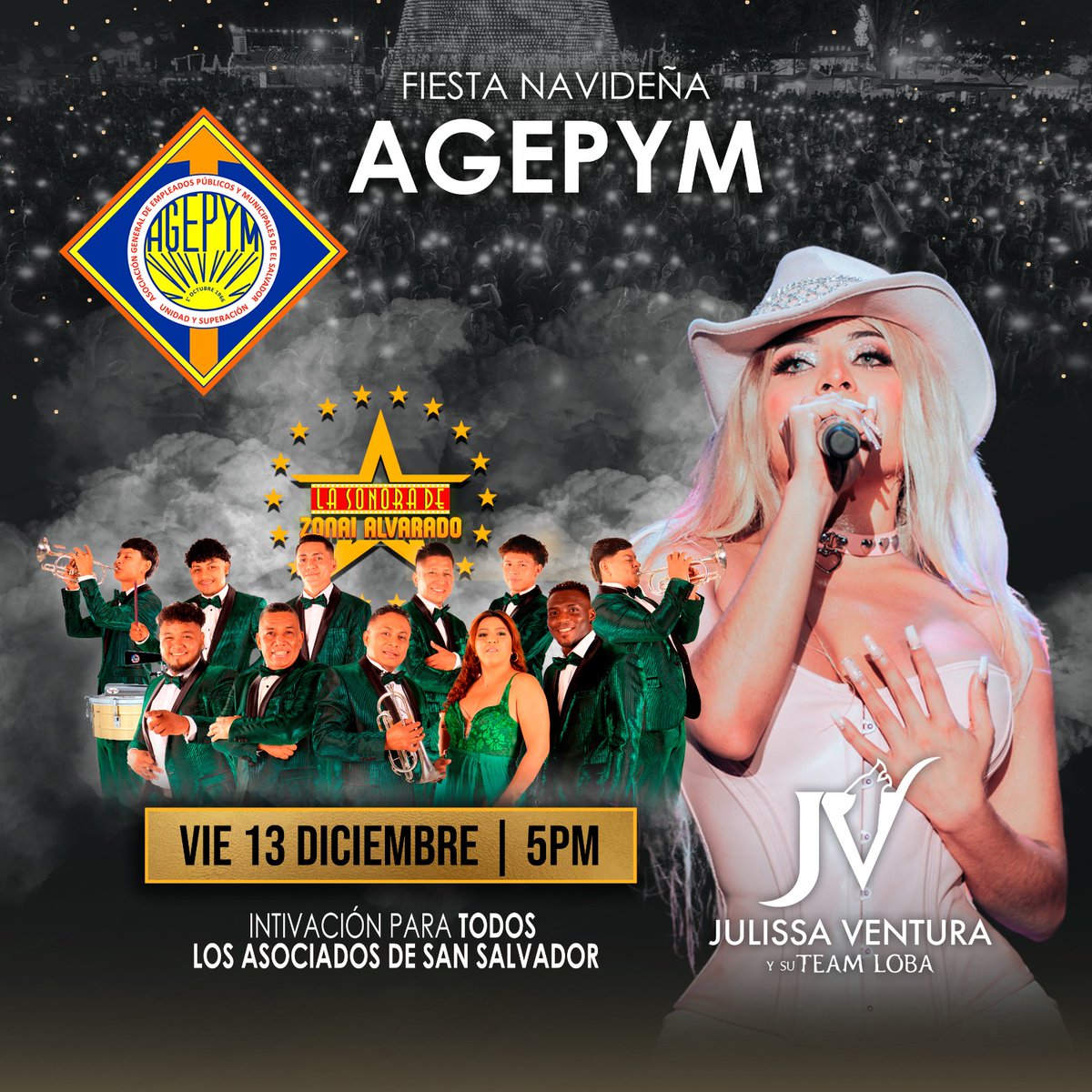 📢La fiesta más esperada del año , llega este viernes 13 de diciembre en el parqueo de la iglesia María Auxiliadora desde las 5:00 p.m. Para que bailes con todos los éxitos #JulissaVentura  yLa Sonora de Zonai Alvarado 🪩🕺💃
Nota: Esta fiesta para asociados San Salvador #Navidad