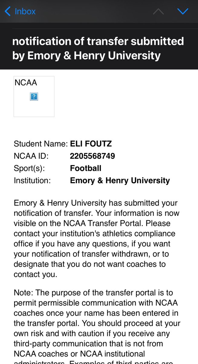 I want to say thank you to Emory &amp; Henry  for giving me an opportunity to play college football. With that being said I am entering the transfer portal as a Redshirt Freshman.