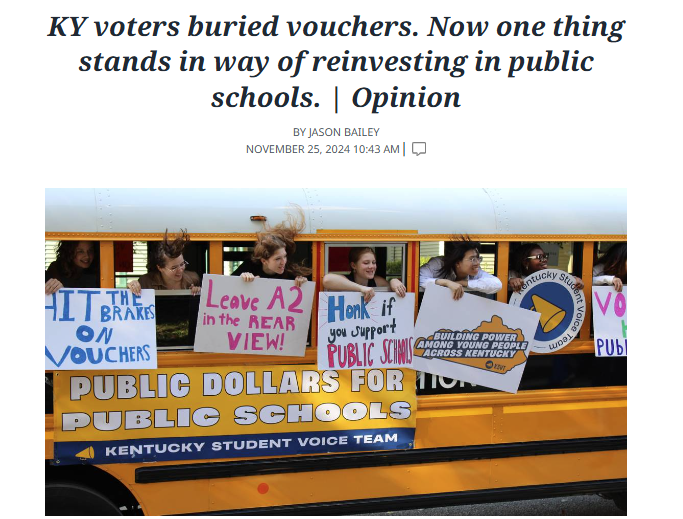 KyPolicy's tweet photo. KY voters rejected private school vouchers Nov. 5 and sent a clear message to Frankfort: It’s time to reinvest in our public schools.

But a different goal - eliminating the state’s income tax - stands in the way of that vision and prioritizes KY's wealthiest over our kids. 1/ https://t.co/T7TTxchHIz