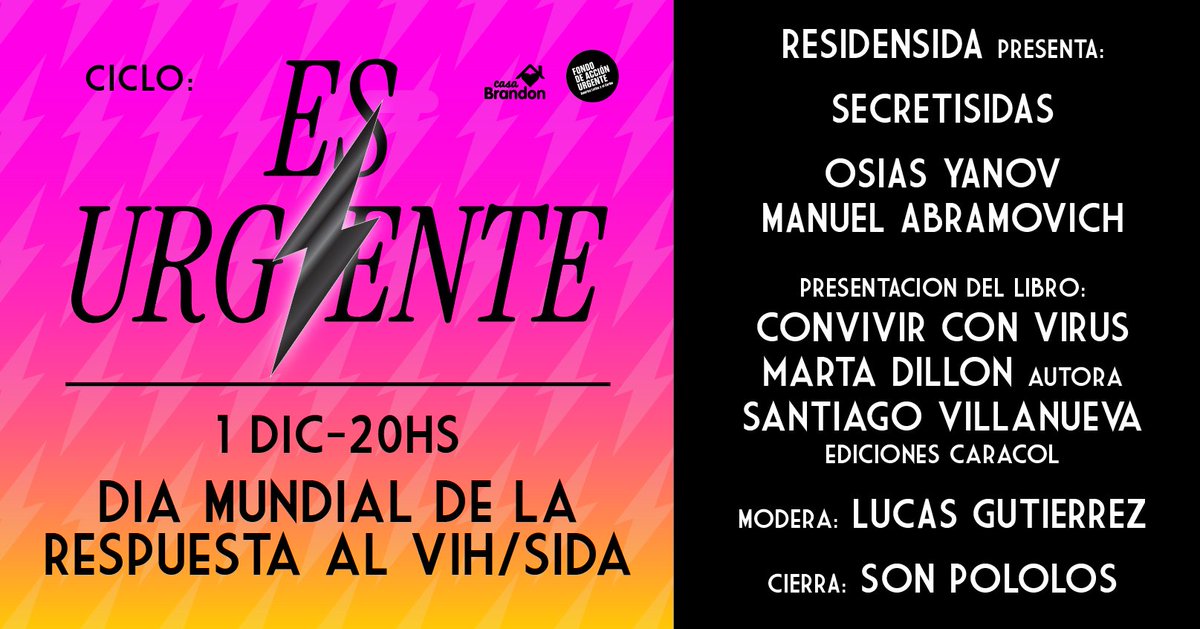 Lxs invitamos a compartir, debatir y reflexionar sobre cuidados. El ciclo Es urgente es una invitación a pensar cómo abrazarnos como comunidad, a revisar y desarmar las formas hegemónicas de entender nuestros vínculos, nuestras prácticas, nuestra salud.
Entrada libre y gratuita