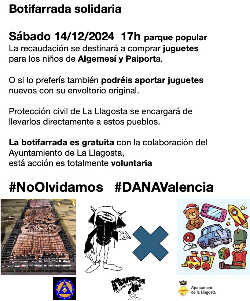 Este año convertiremos la botifarrada en un acto solidario
#NoOlvidamos #DanaValencia 
<a href="/AjlaLlagosta/">La Llagosta</a> <a href="/Pcllagosta/">Protección Civil La Llagosta</a> <a href="/Ossiega/">OScar SIErra GAona /❤</a>