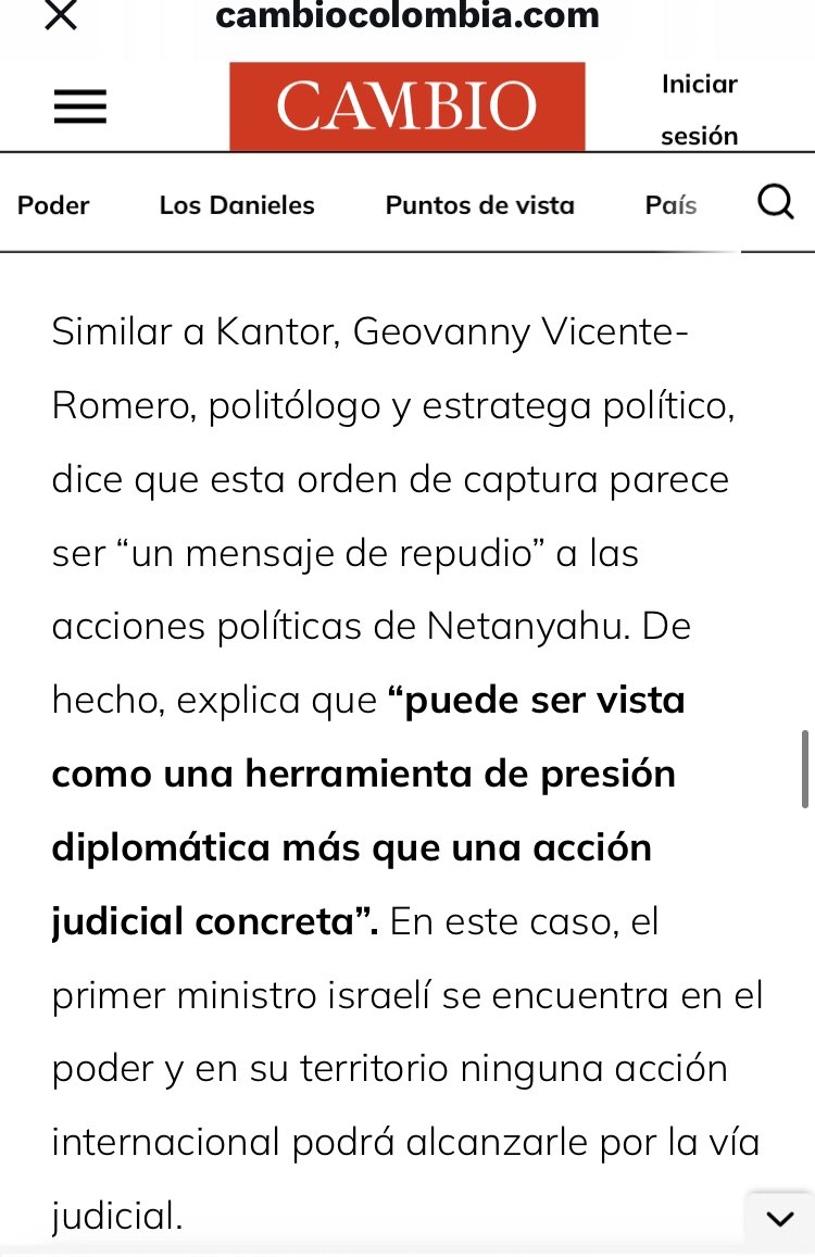 Comparto mi aporte a la Revista <a href="/estoescambio/">Cambio</a> sobre orden de arresto contra #Netanyahu: 

“La historia reciente nos muestra que líderes como Maduro y Putin han enfrentado órdenes similares sin mayor progreso en la ejecución de estas medidas” — GVR

Más en: cambiocolombia.com/internacional/…