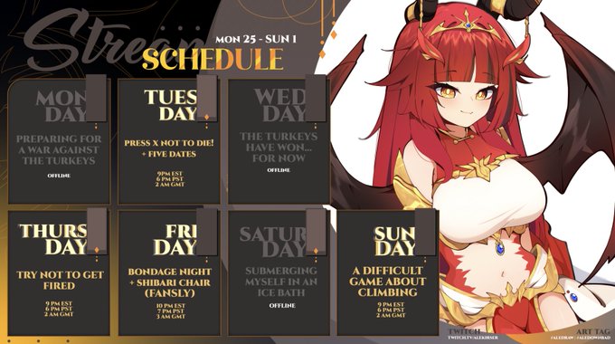 THIS WEEK'S SCHEDULE ✨⚔️ (NOV 25 - DEC 1)  
happy thanksgiving, americans!! <3 
? Shok
#aledraw https://t