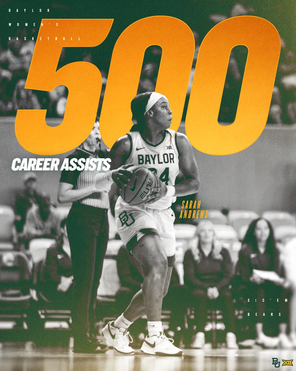 Baylor Women's Basketball (@baylorwbb) on Twitter photo One of five to hit 5⃣0⃣0⃣ career assists as a Bear.
Congratulations, <a href="/sarah_T2D/">Sarah Andrews</a>!
#SicEm | #GreaterThan One of five to hit 5⃣0⃣0⃣ career assists as a Bear.
Congratulations, <a href="/sarah_T2D/">Sarah Andrews</a>!
#SicEm | #GreaterThan