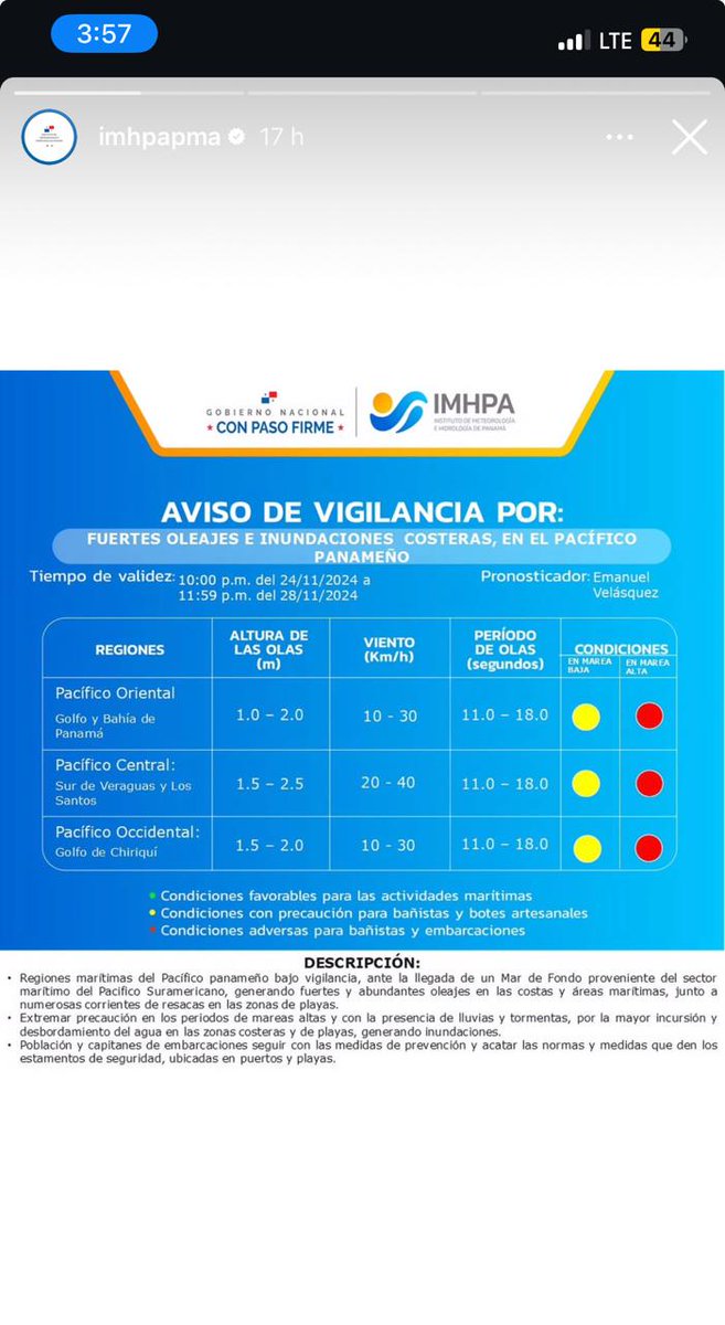 ⚠️Precaución  las costas del Pacífico panameño, fuertes oleajes, por Mar de Fondo, generará inundaciones costeras y más aún si coinciden con lluvias abundantes. Extrema precaución en las áreas de playas y áreas marítimas. Válido hasta el 28/11/24 🌊🌴⚠️<a href="/VOSTpanama/">VOST Panamá</a> <a href="/EmergenciaPty/">Emergencia Digital Panamá</a>