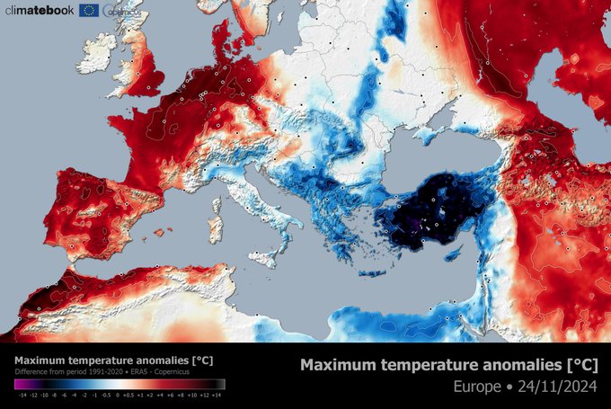 Temperaturas en niveles récord en parte de Europa (hasta +10°C de anomalía) unos días después de que se produjeran nevadas en algunas de esas mismas zonas.

No lo estamos notando, pero este mapa es una muestra más de que el mundo tal como lo conocemos está desapareciendo.