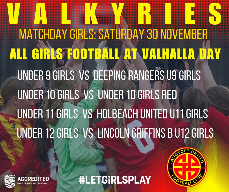 Coming up on Saturday. All our girls provision are at home this weekend. Not often this happens but we will be making the most of the occasion.

#Valkyries #GirlsFootball #LetGirlsPlay