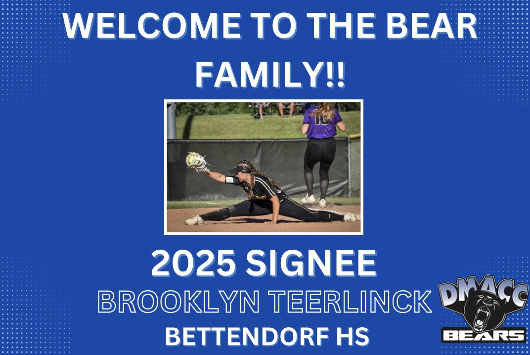 DMACC Softball (@dmaccsoftball) on Twitter photo ‼️WELCOME TO THE FAMILY‼️
Brooklyn Teerlinck has officially signed to be a Bear! Brooklyn is a 1B/outfielder from Bettendorf, IA. We can’t wait to have her on campus!
#GoBears🐻🥎
<a href="/BobLigouri/">Bob Ligouri</a> ‼️WELCOME TO THE FAMILY‼️
Brooklyn Teerlinck has officially signed to be a Bear! Brooklyn is a 1B/outfielder from Bettendorf, IA. We can’t wait to have her on campus!
#GoBears🐻🥎
<a href="/BobLigouri/">Bob Ligouri</a>