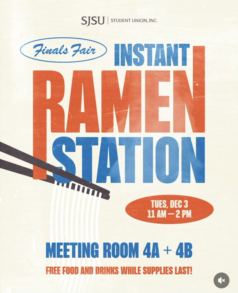 commsjsu's tweet photo. Finals Fair is coming, so is the ultimate ramen station!For general questions or individuals requiring sign language interpreters, real-time captions, or other accommodations, please contact SUl Programs Team -
eventsandprograms@sjsu.edu or 408-924-5886
#SJSU #StudentLife https://t.co/PONgSLyGgh