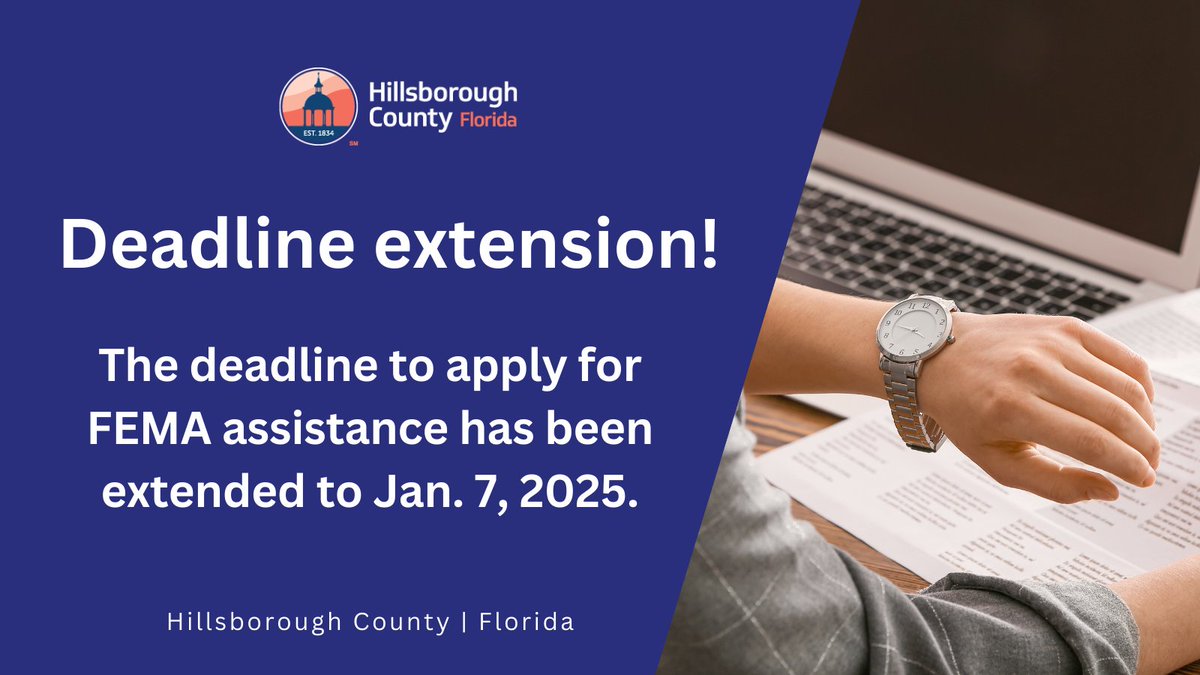 📆 The @FEMA application deadline has been extended to Jan. 7, 2025.

If you were affected by a recent hurricane, you may be eligible for FEMA financial assistance for displacement, basic home repairs, personal property losses, and more.

Learn more 💻➡️  bit.ly/3B0Ndce